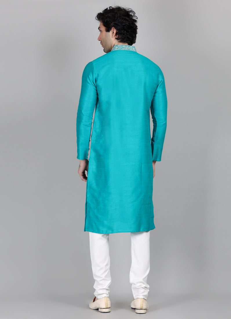 Men's Sea Green Zari Embroidered Kurta Payjama Set