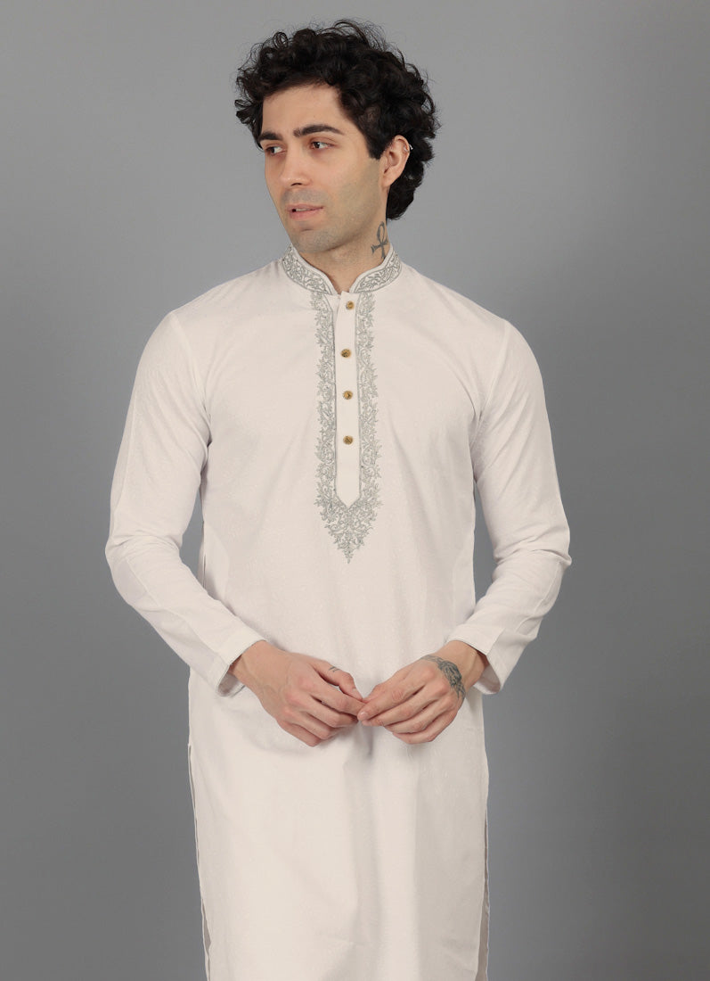 Men's Light Gold Resham Brocade Embroidered Kurta Payjama Set