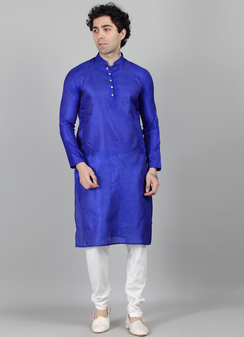 Men's Royal Blue Embroidered Fabric Kurta Payjama Set