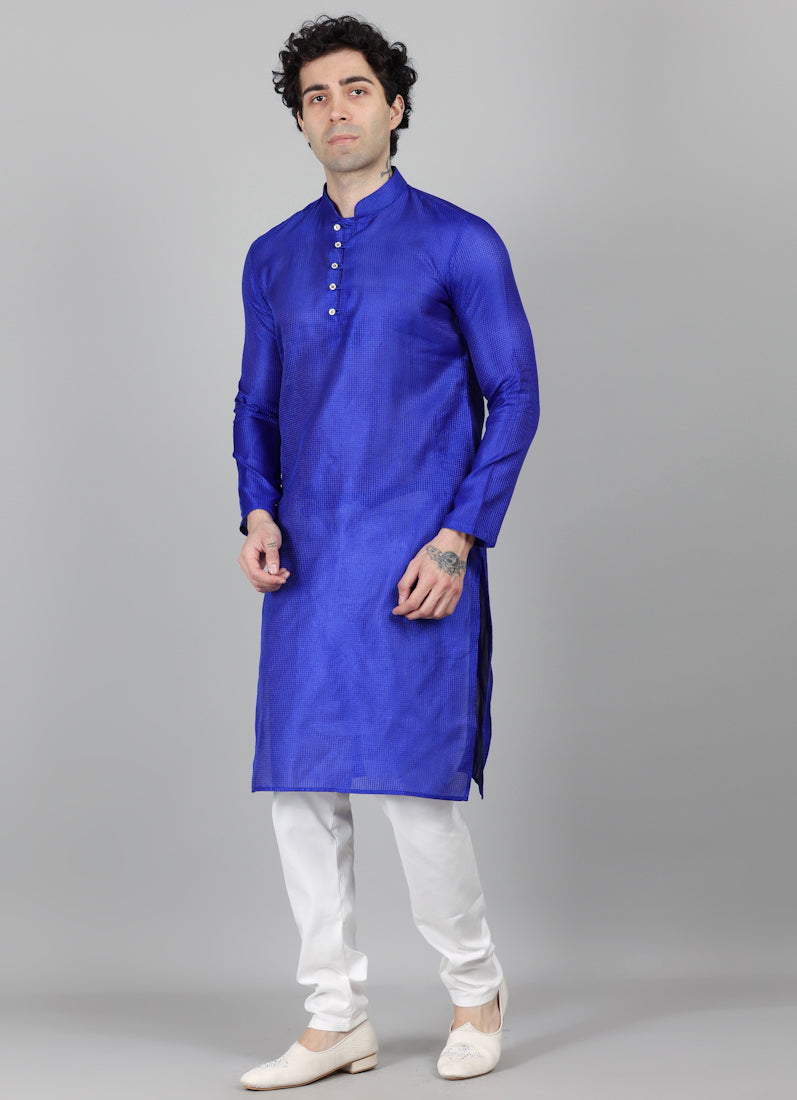 Men's Royal Blue Embroidered Fabric Kurta Payjama Set