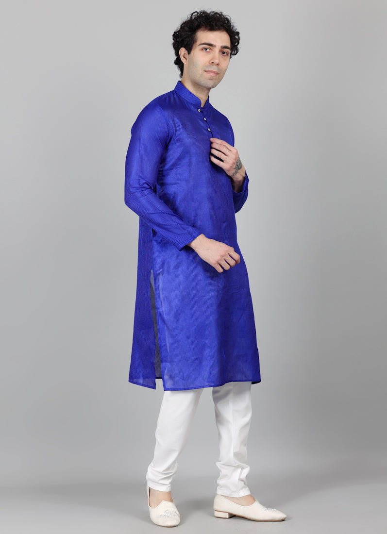 Men's Royal Blue Embroidered Fabric Kurta Payjama Set