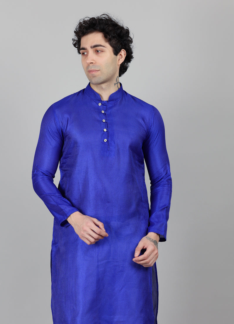 Men's Royal Blue Embroidered Fabric Kurta Payjama Set