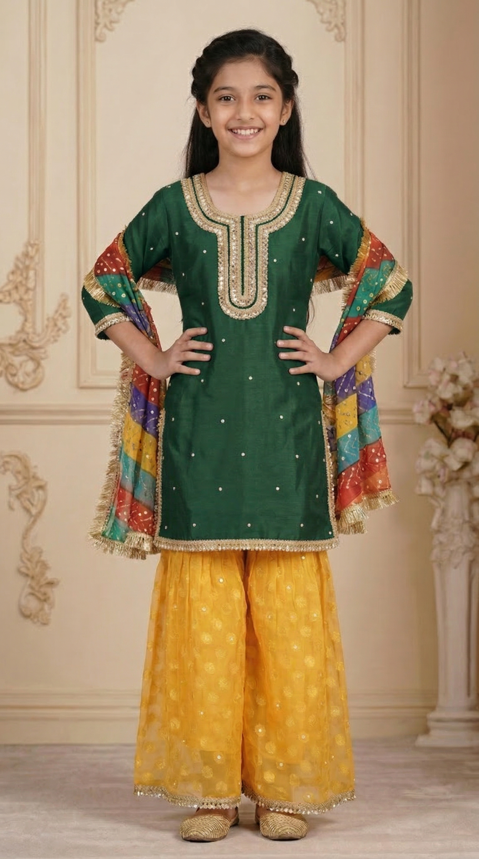 Kids Green Silk Top Multicoloured Embroidered Dupatta Suit Set