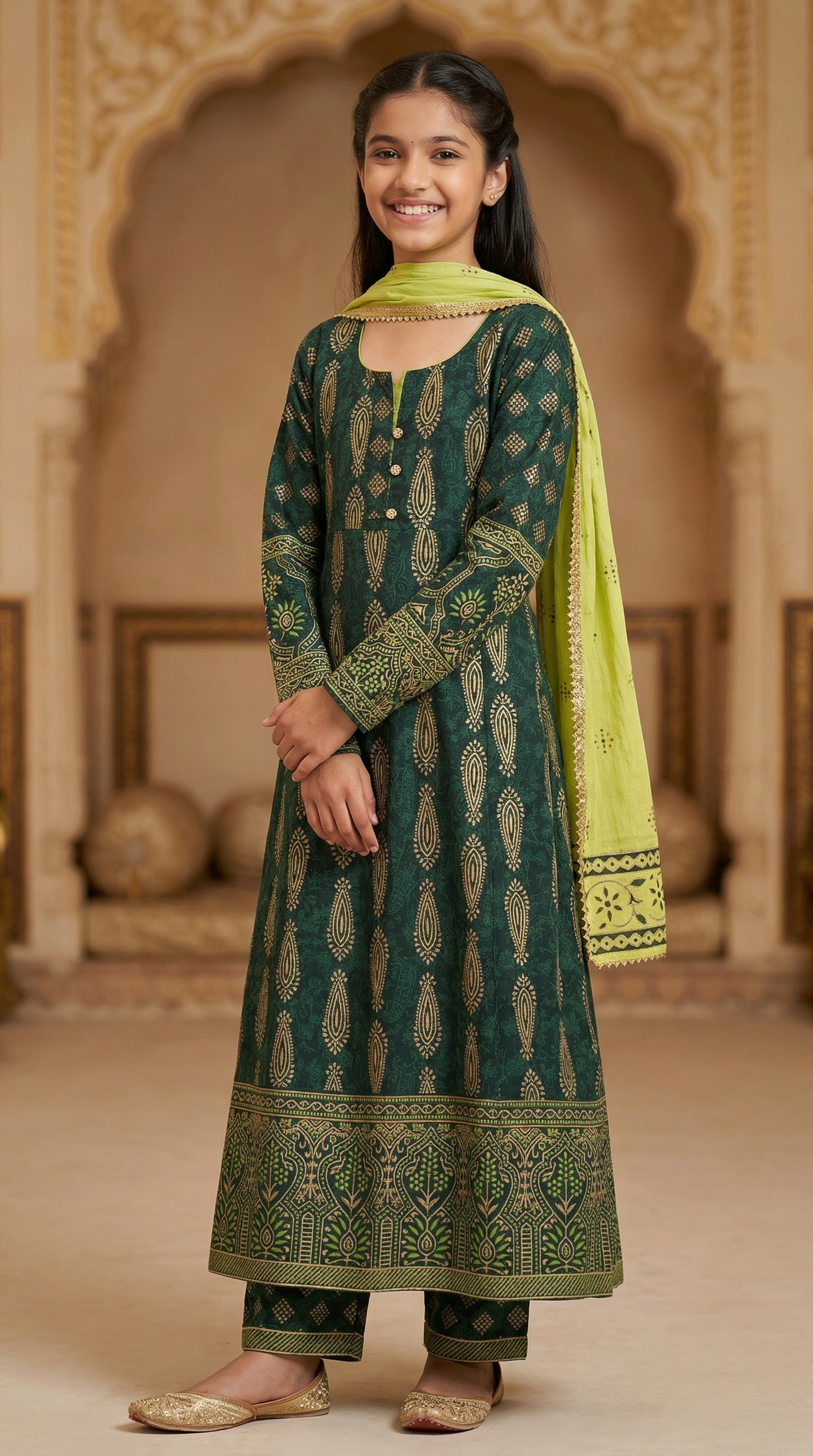 Kids Green Cotton Foil Printed A-line Suit Set