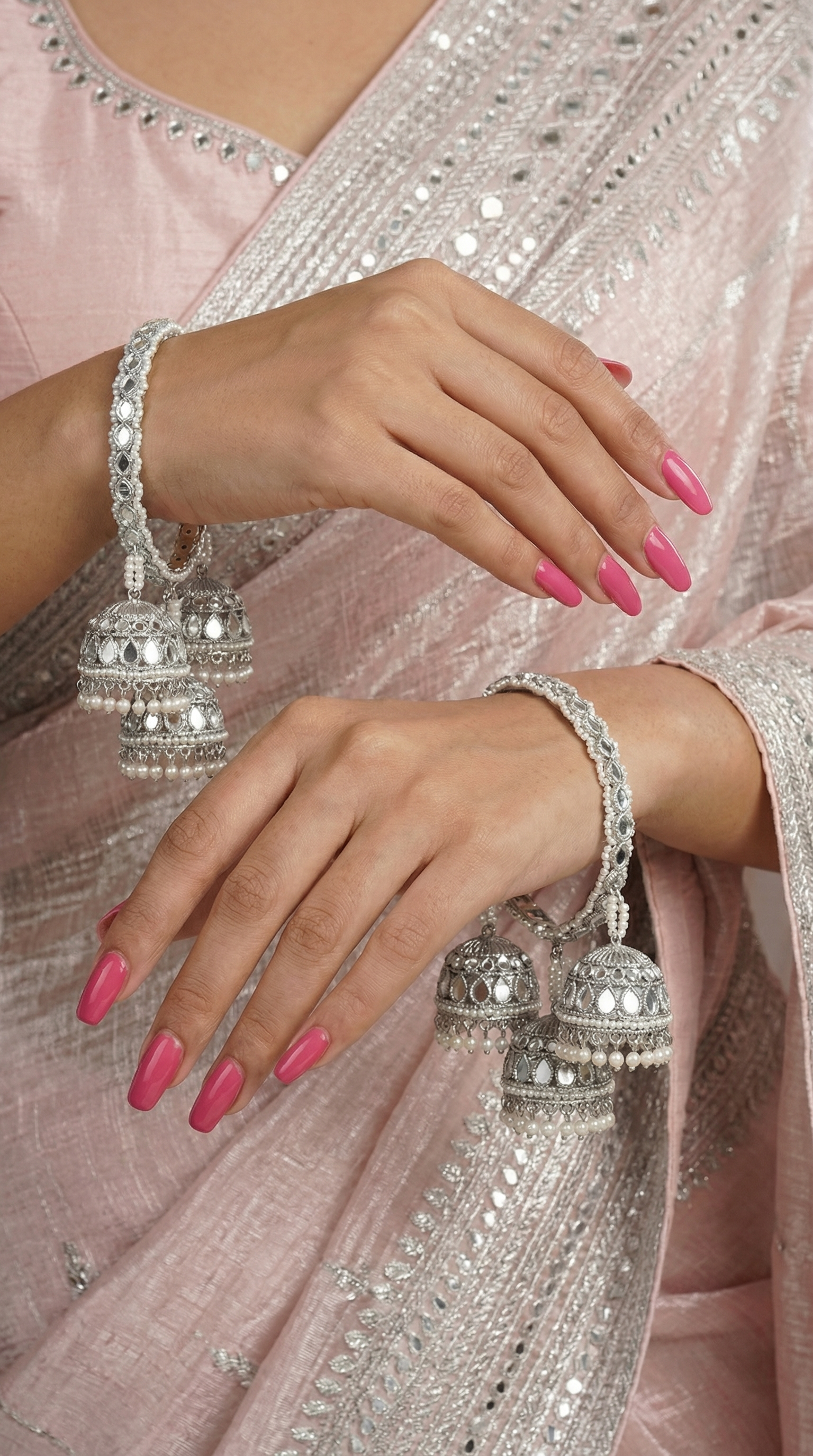 Antique silver mirror and pearl bangle with triple jhumki detailing