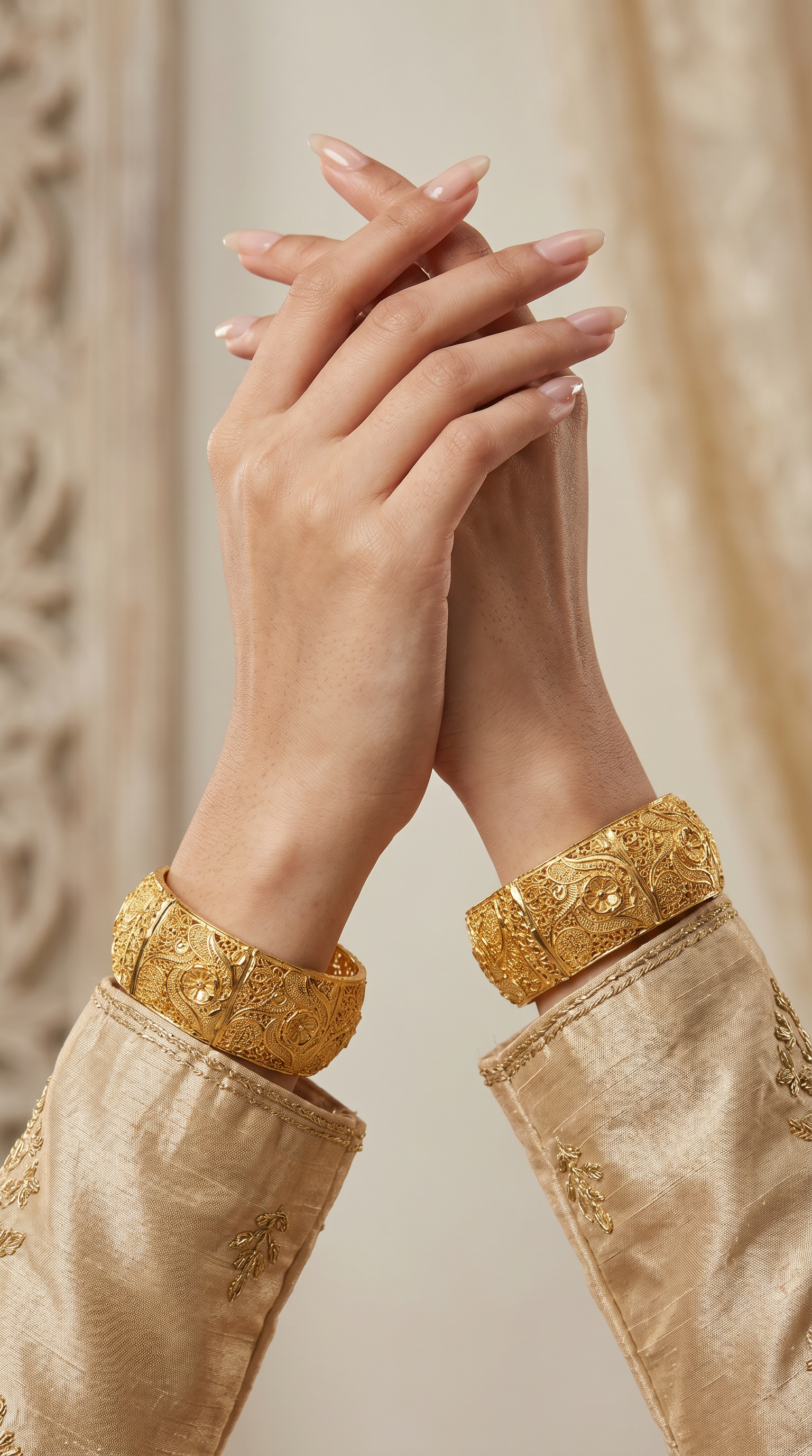 Thick 2pc kara with engraved gold design.