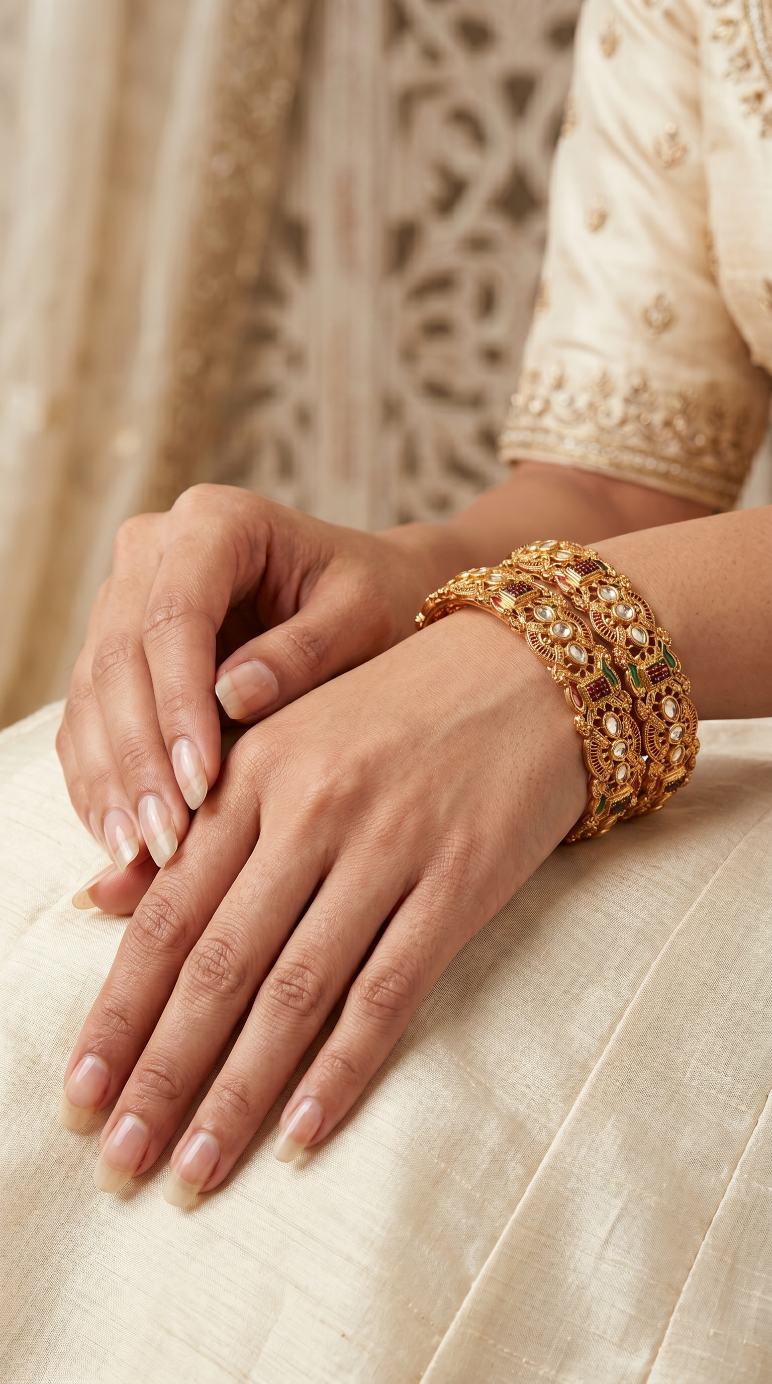 Copper gold pair kara with menakari in red and green