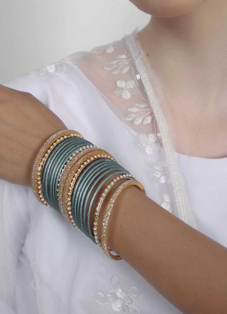 Teal Diamonte Pearl Bangles Set