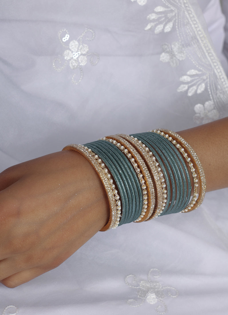 Teal Diamonte Pearl Bangles Set