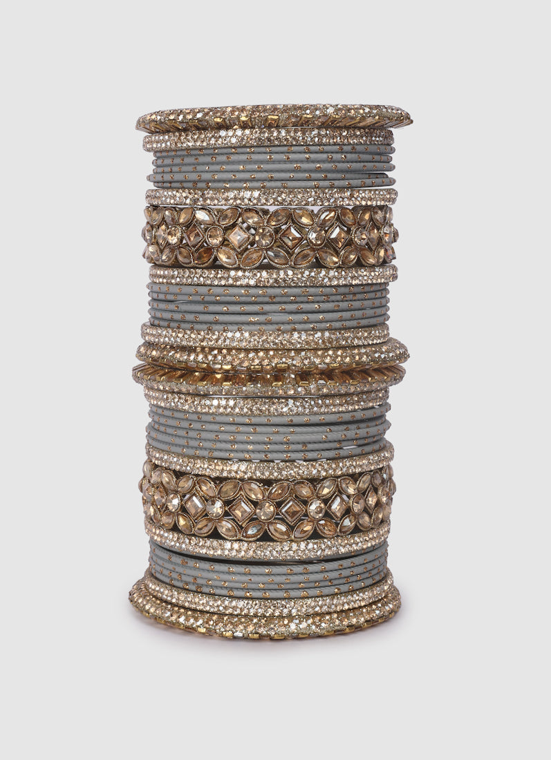 Womens Grey Diamonte Kadha Mixed Bangle Set