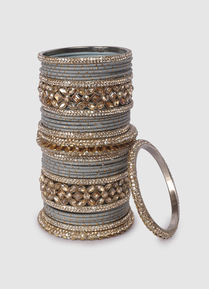 Womens Grey Diamonte Kadha Mixed Bangle Set