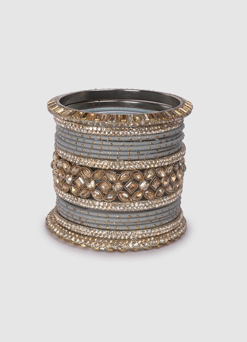 Womens Grey Diamonte Kadha Mixed Bangle Set