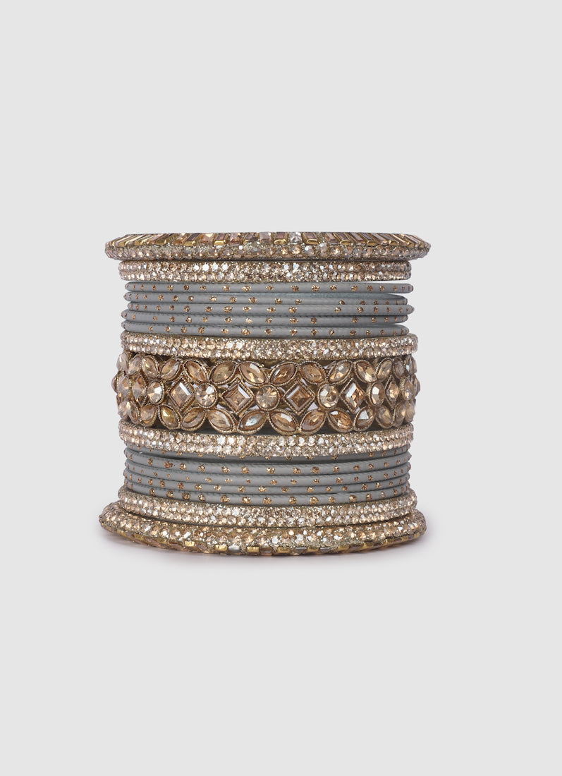 Womens Grey Diamonte Kadha Mixed Bangle Set