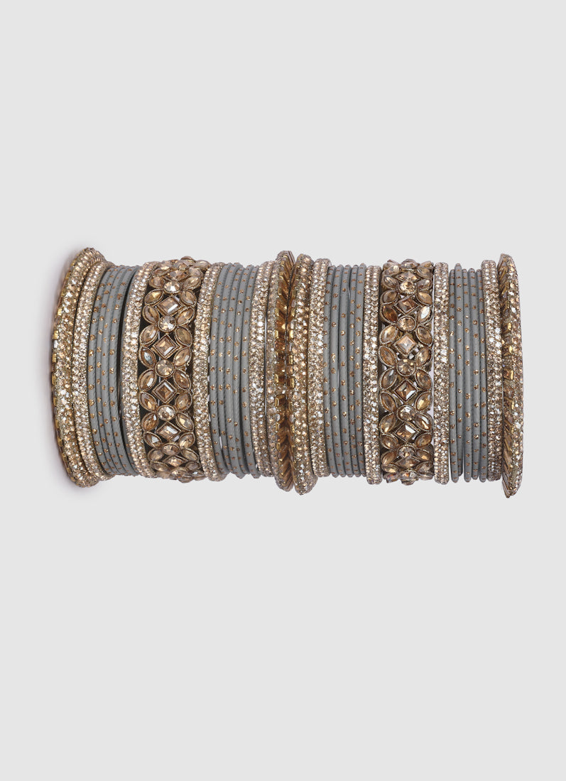 Womens Grey Diamonte Kadha Mixed Bangle Set