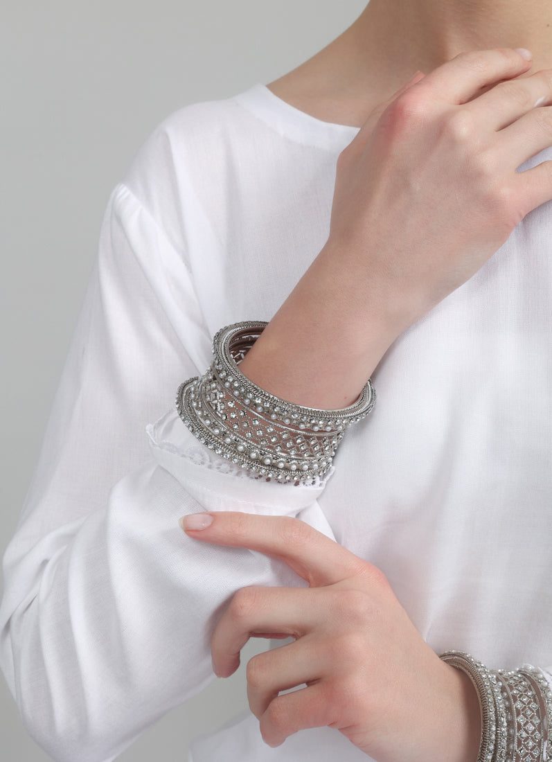 Womens Silver Multiple Kadha Mixed Bangle Set