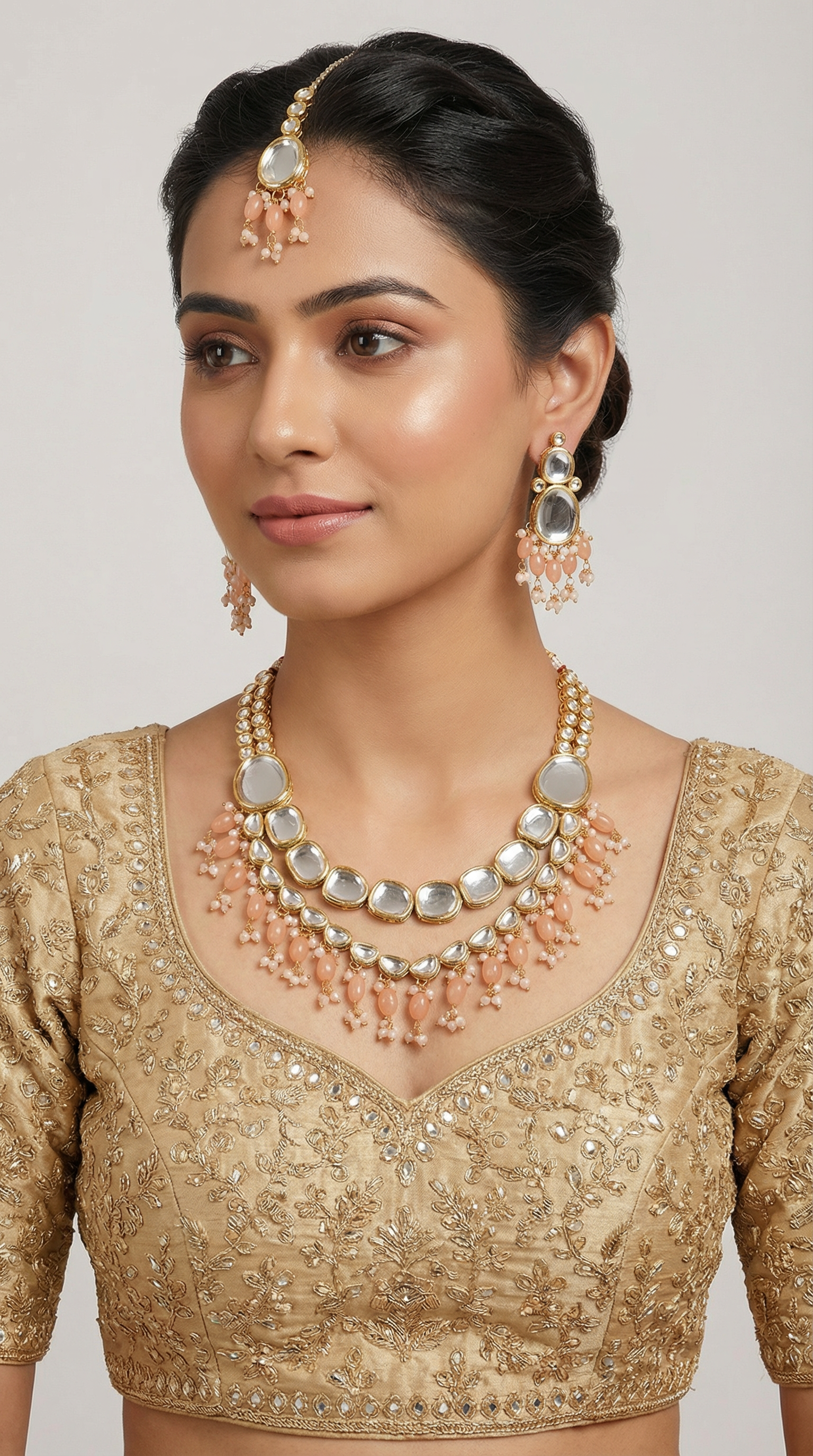Peach large Mirror Kundan Necklace Set