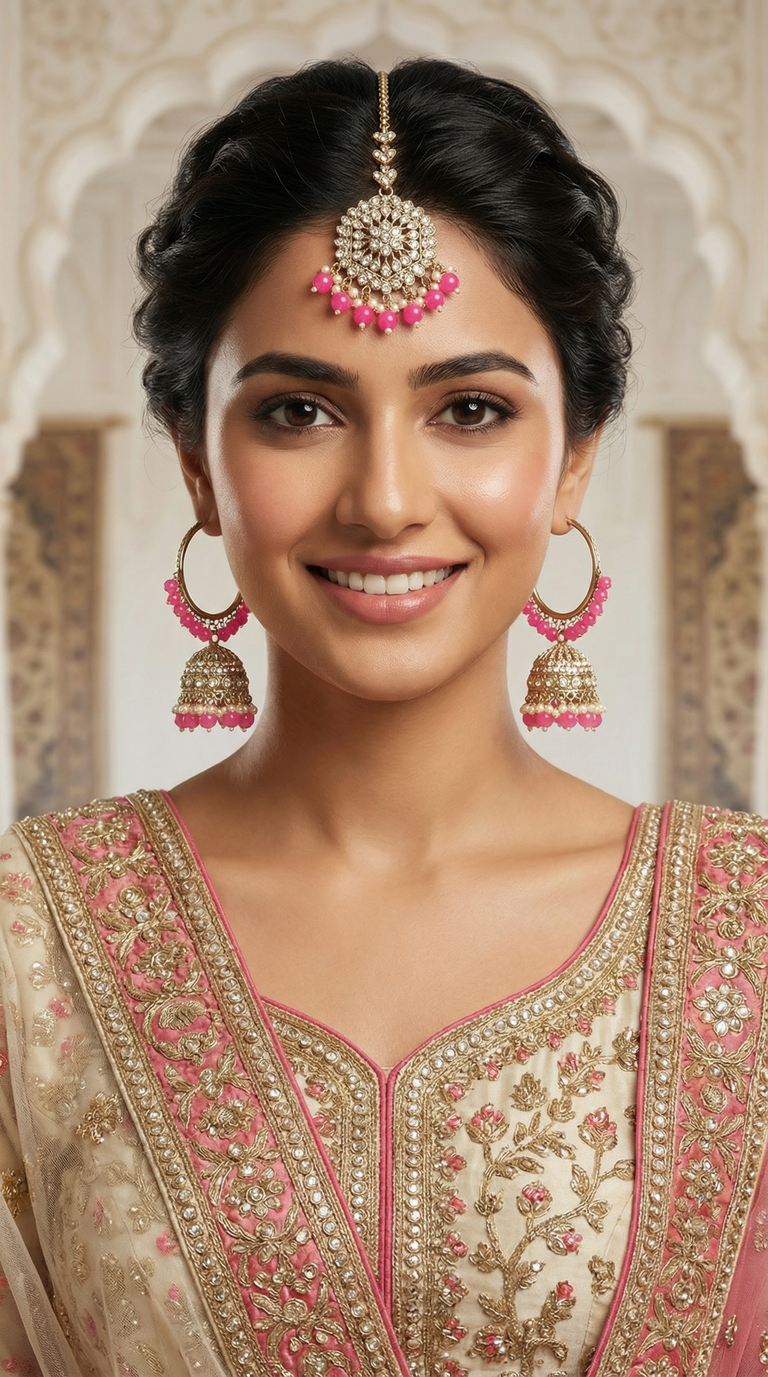 Women’s Berry Pink Beaded Earrings & Tikka Set