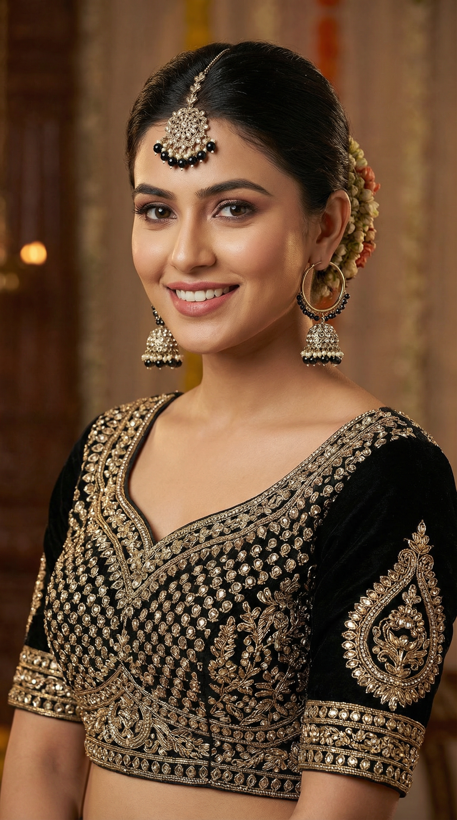 Women's Black Beaded Earrings & Tikka Set