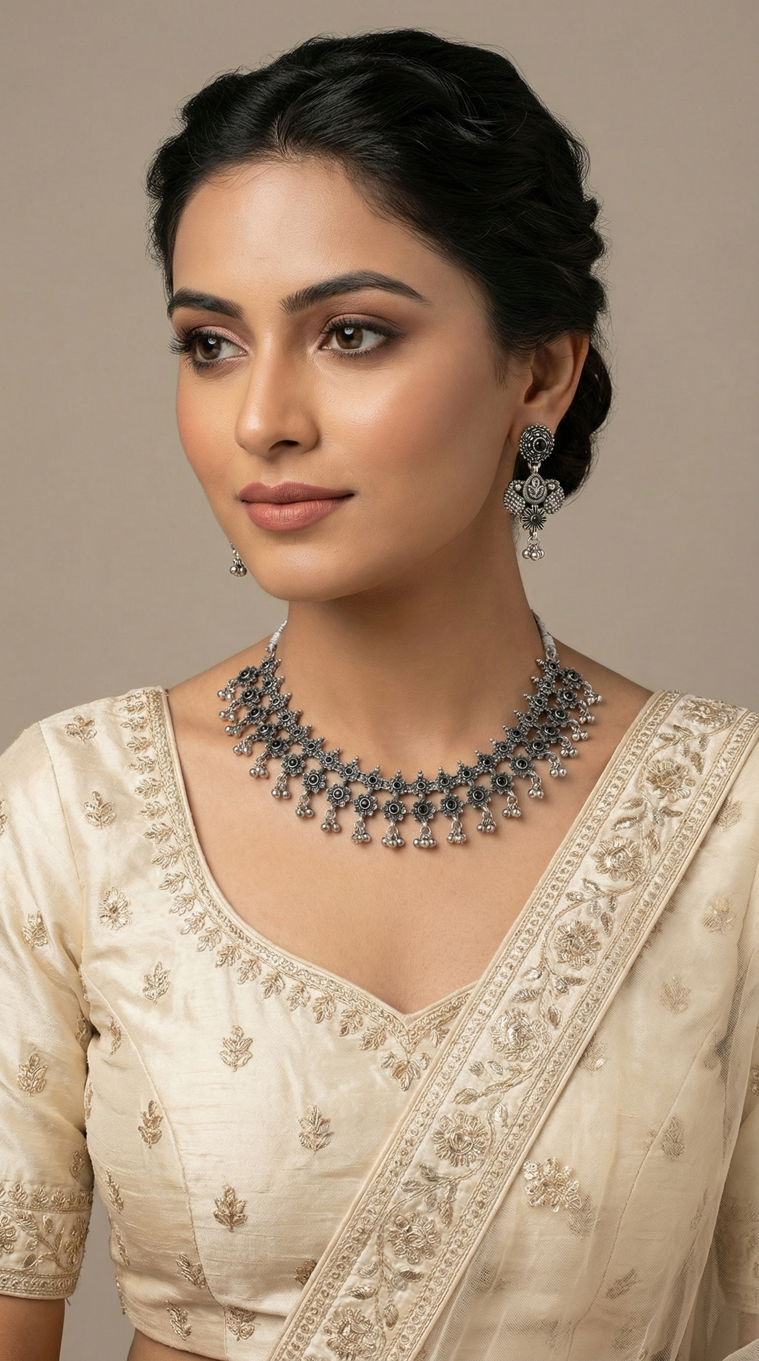 Silver Oxidised Necklace Set with Matching Earrings Set