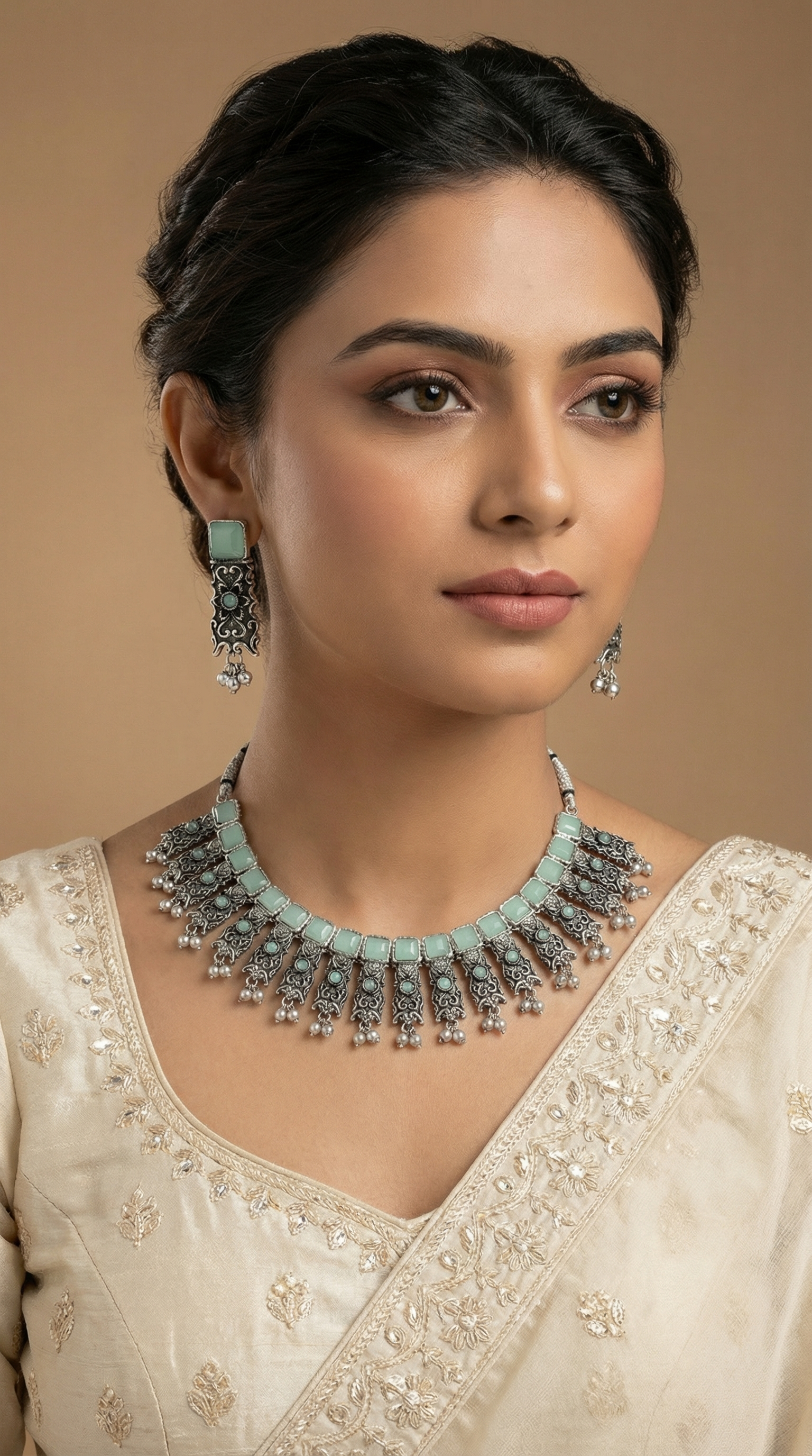 Mint Oxidise Necklace with Earrings Set