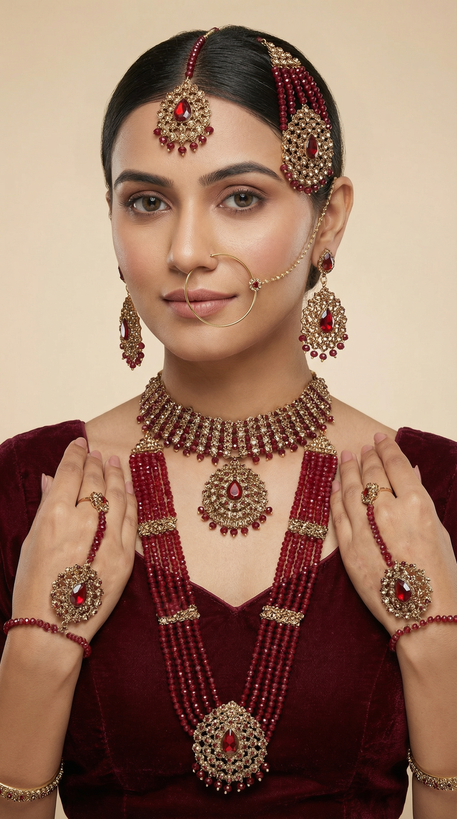 Gold Diamante Bridal Jewelry Set with Maroon Crystal Beads - Complete Wedding Set