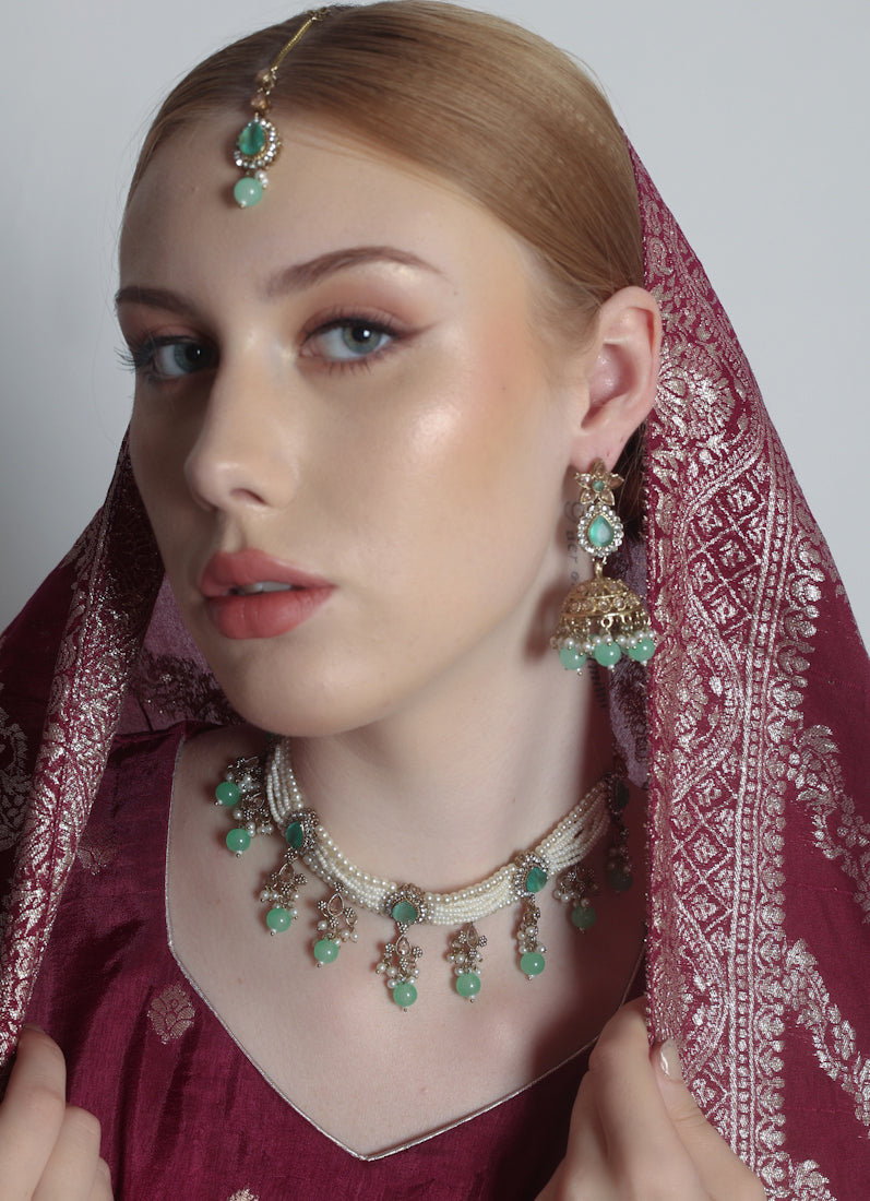 Mint Pearl Choker Necklace Set