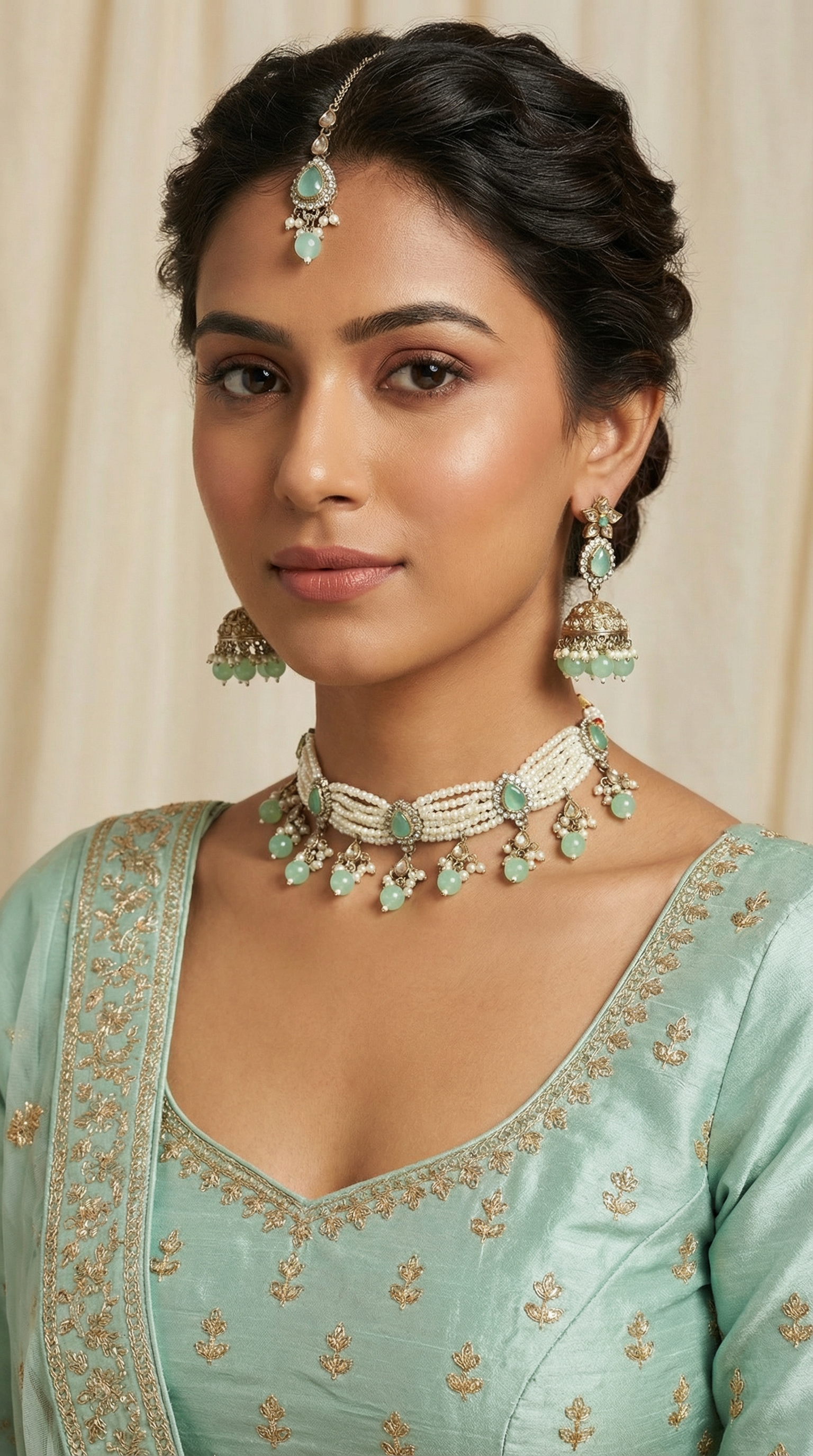 Mint Pearl Choker Necklace Set
