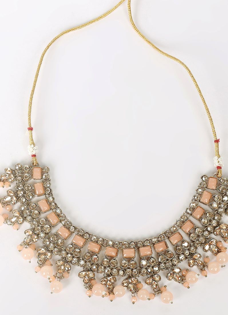 Icy Peach Pearl & Stone Heavy Necklace Set
