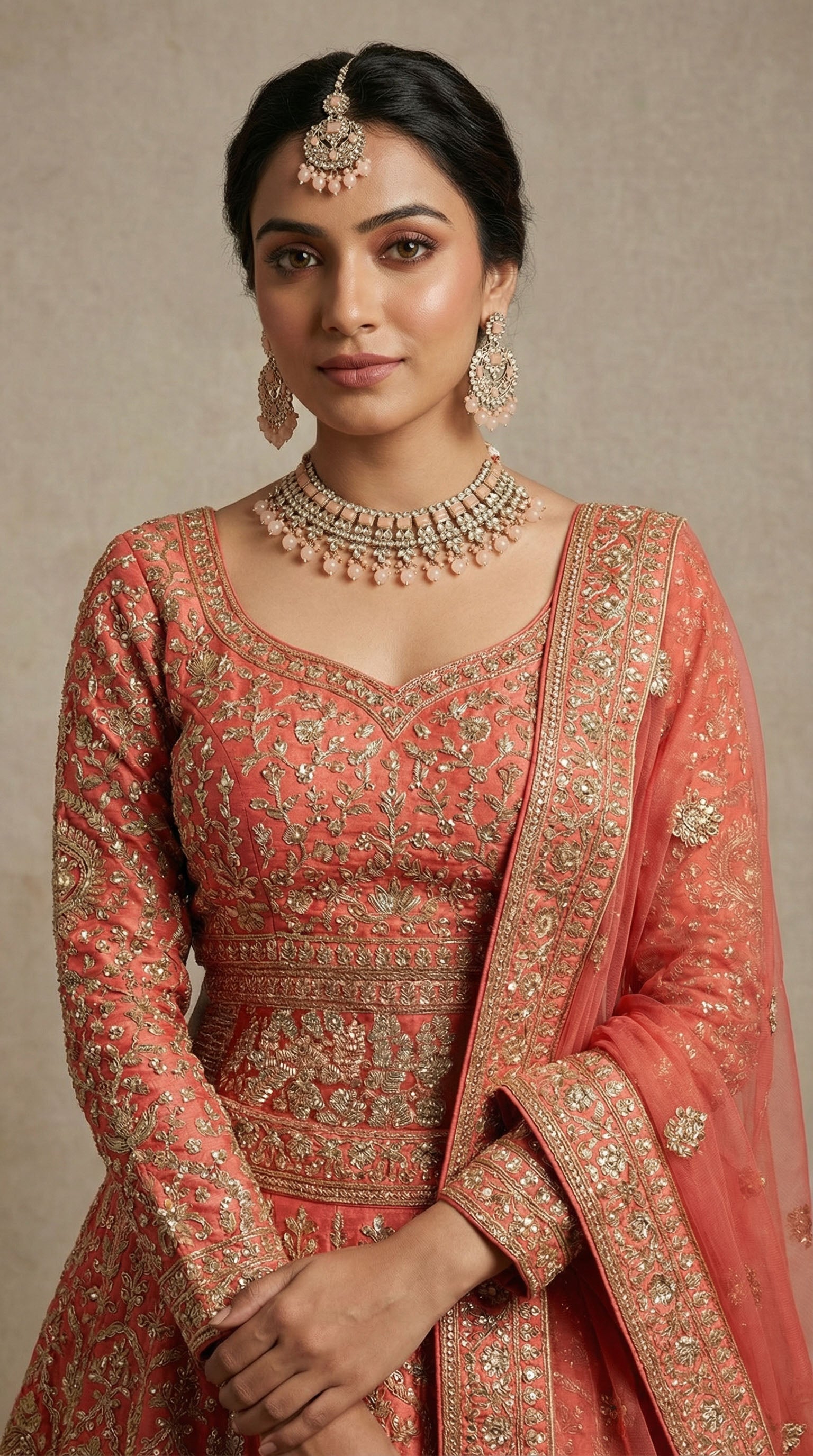 Icy Peach Pearl & Stone Heavy Necklace Set