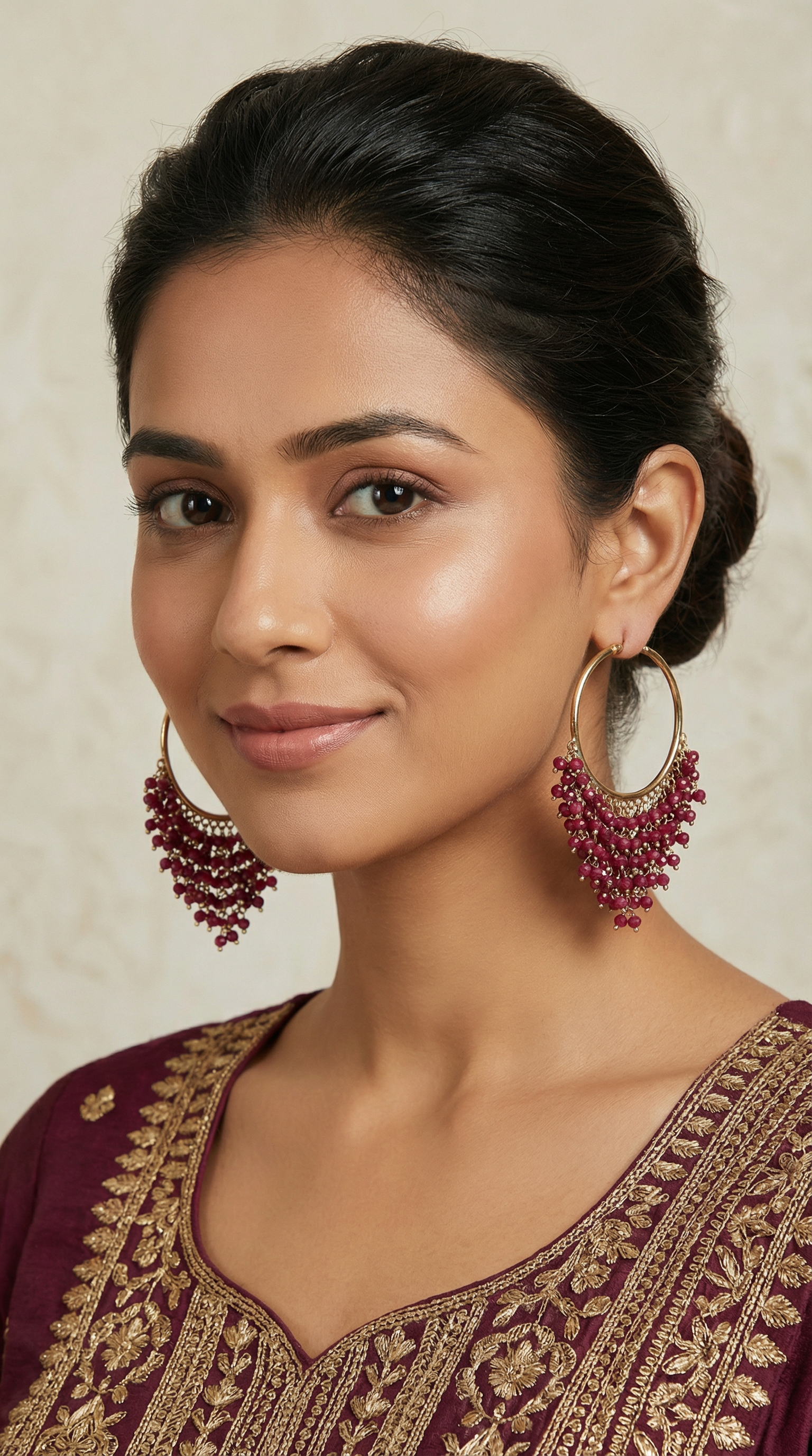 Bali Style Gold Plated Earrings with Wine Beads & Pearls