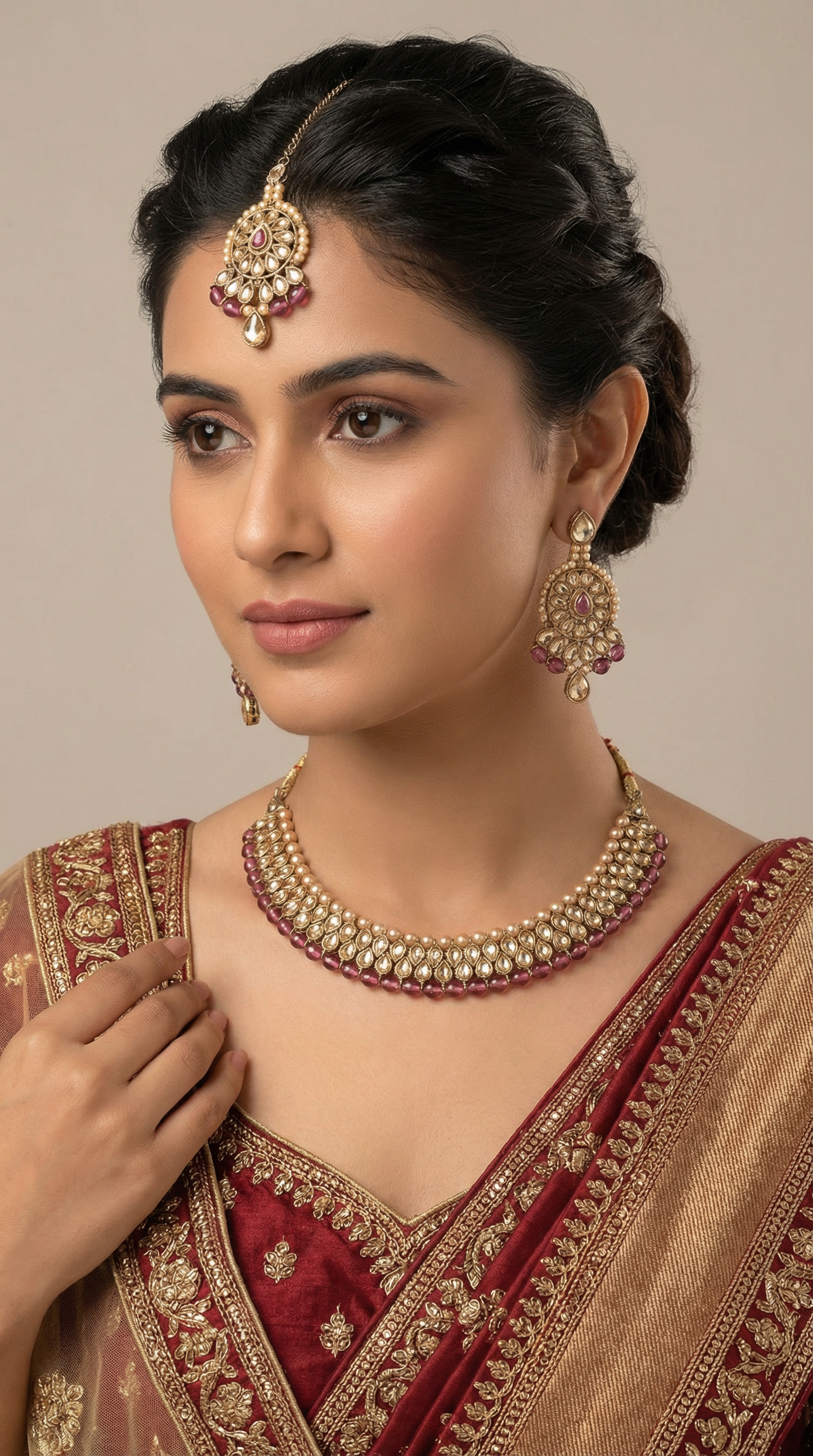 Women's Antique Gold Teardrop Stone & Pearl Jewellery Set