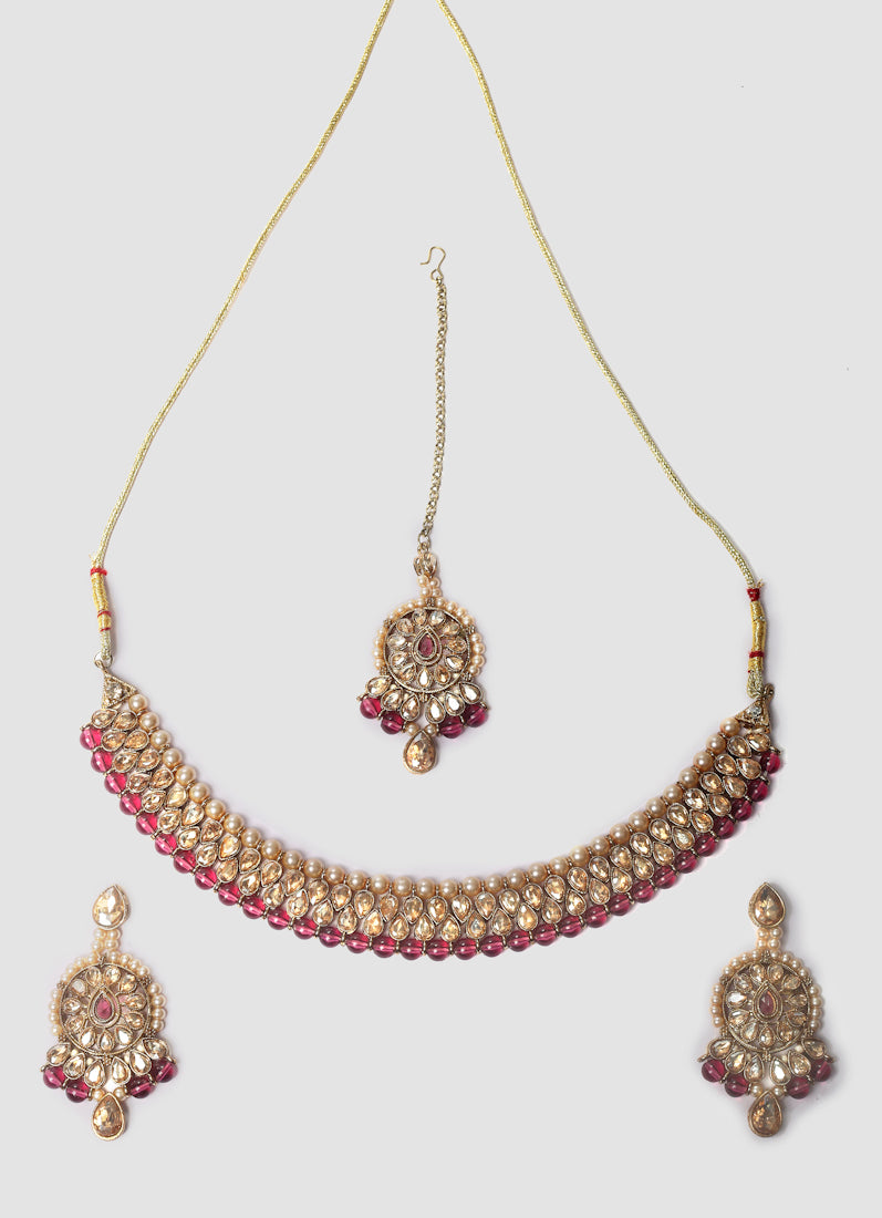 Womens Antique Gold Teardrop Stone & Pearl Jewellery Set
