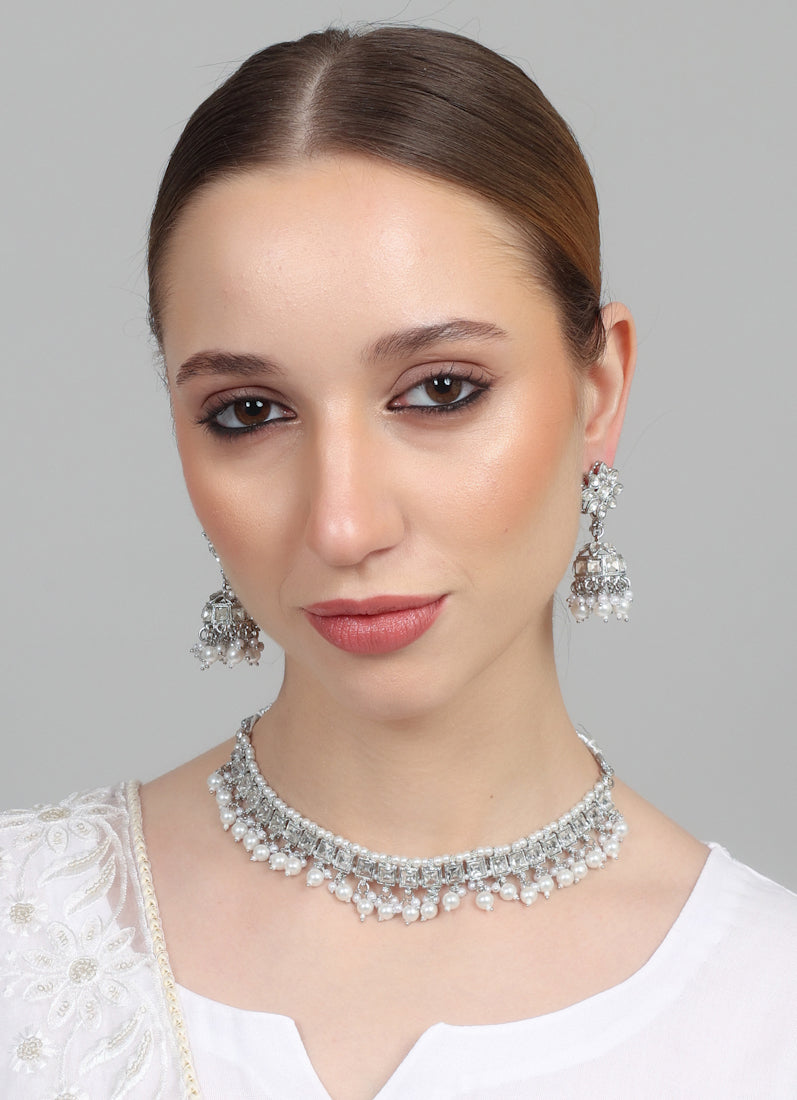 Womens Silver Pearl Drop Jewellery Set