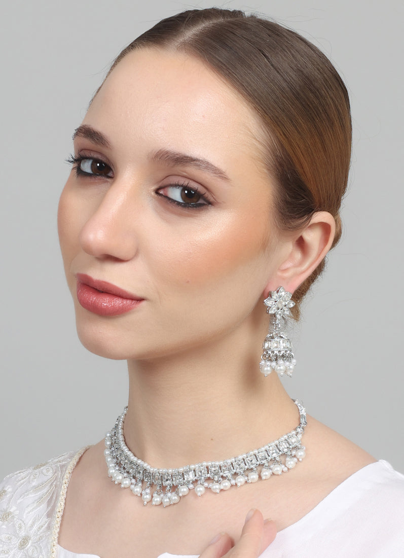 Womens Silver Pearl Drop Jewellery Set