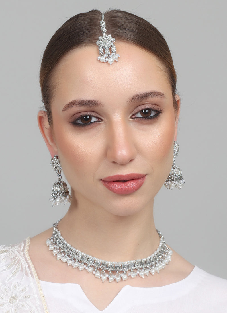 Womens Silver Pearl Drop Jewellery Set