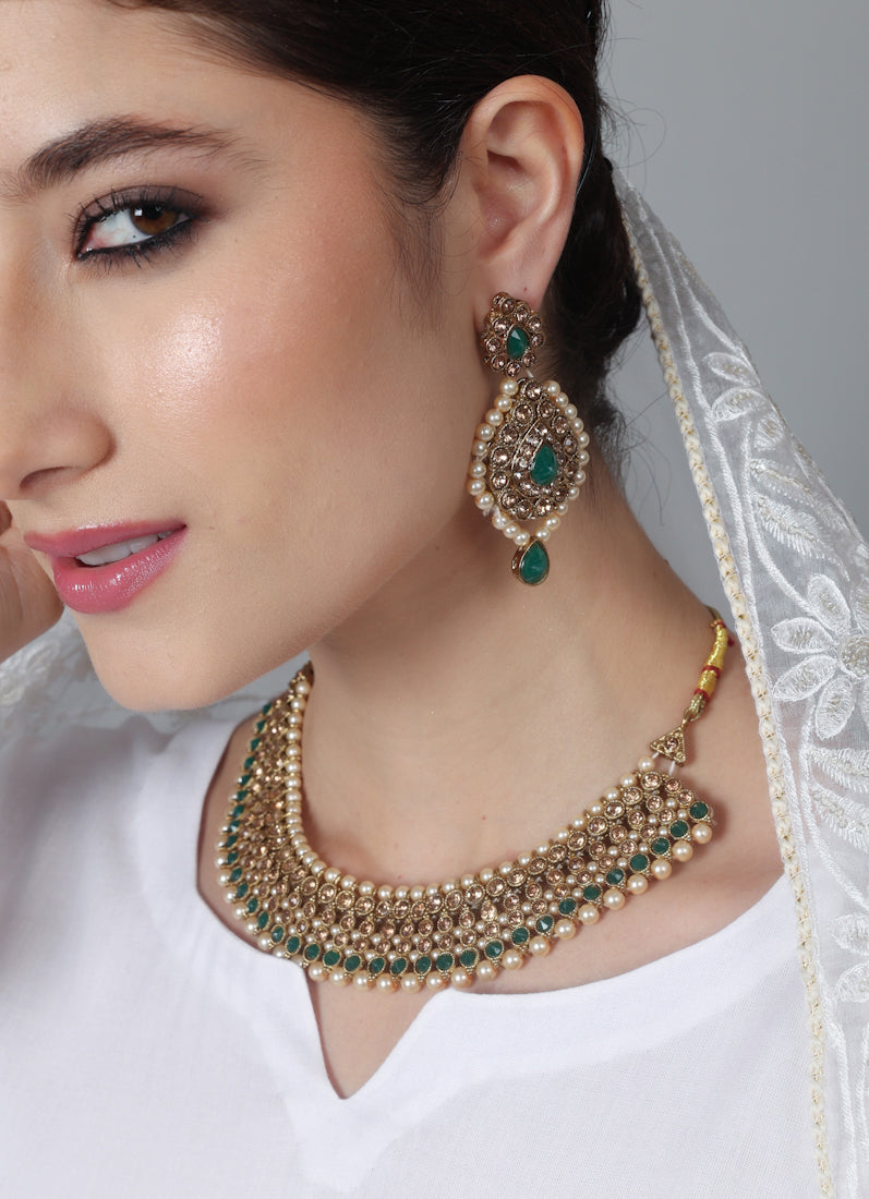 Womens Dark Green & Gold Jewellery Set