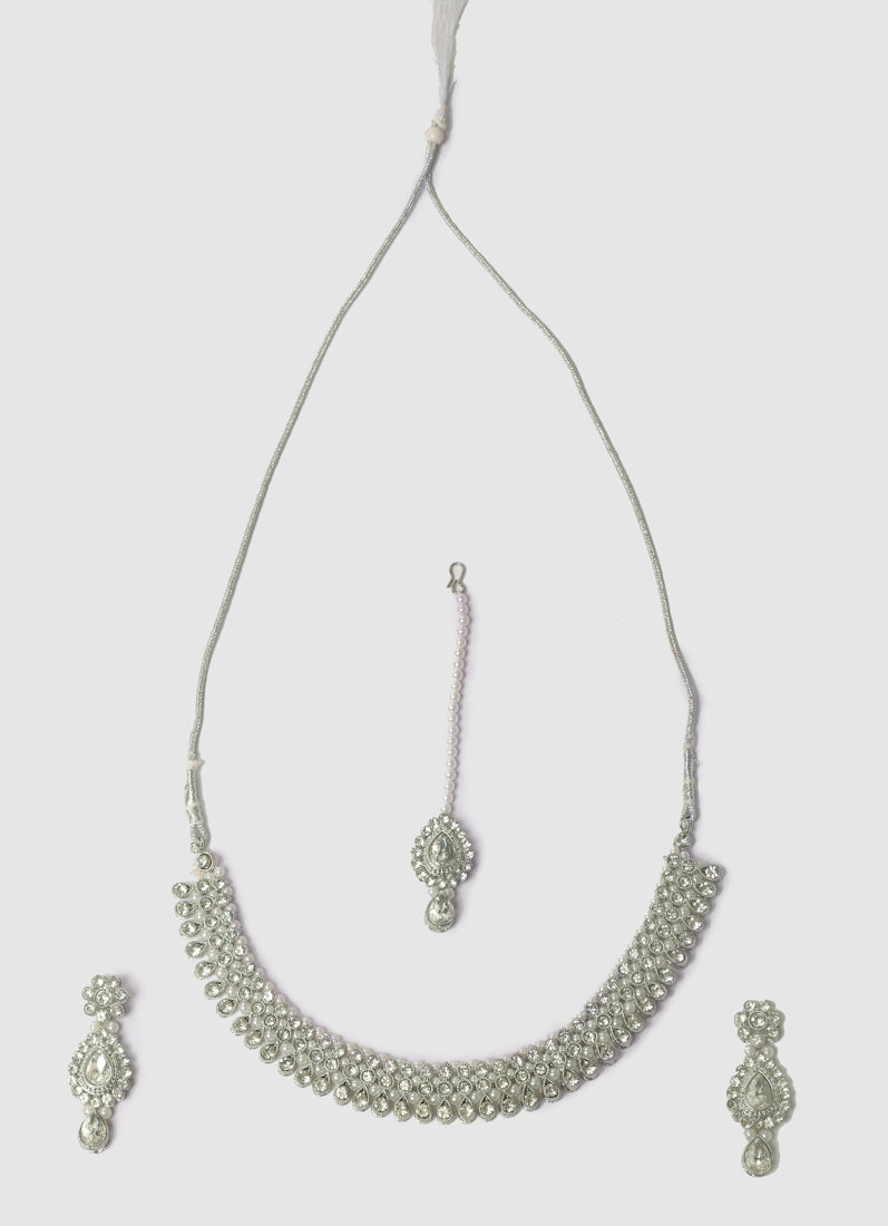 Womens Silver Diamonte & Pearl Jewellery Set