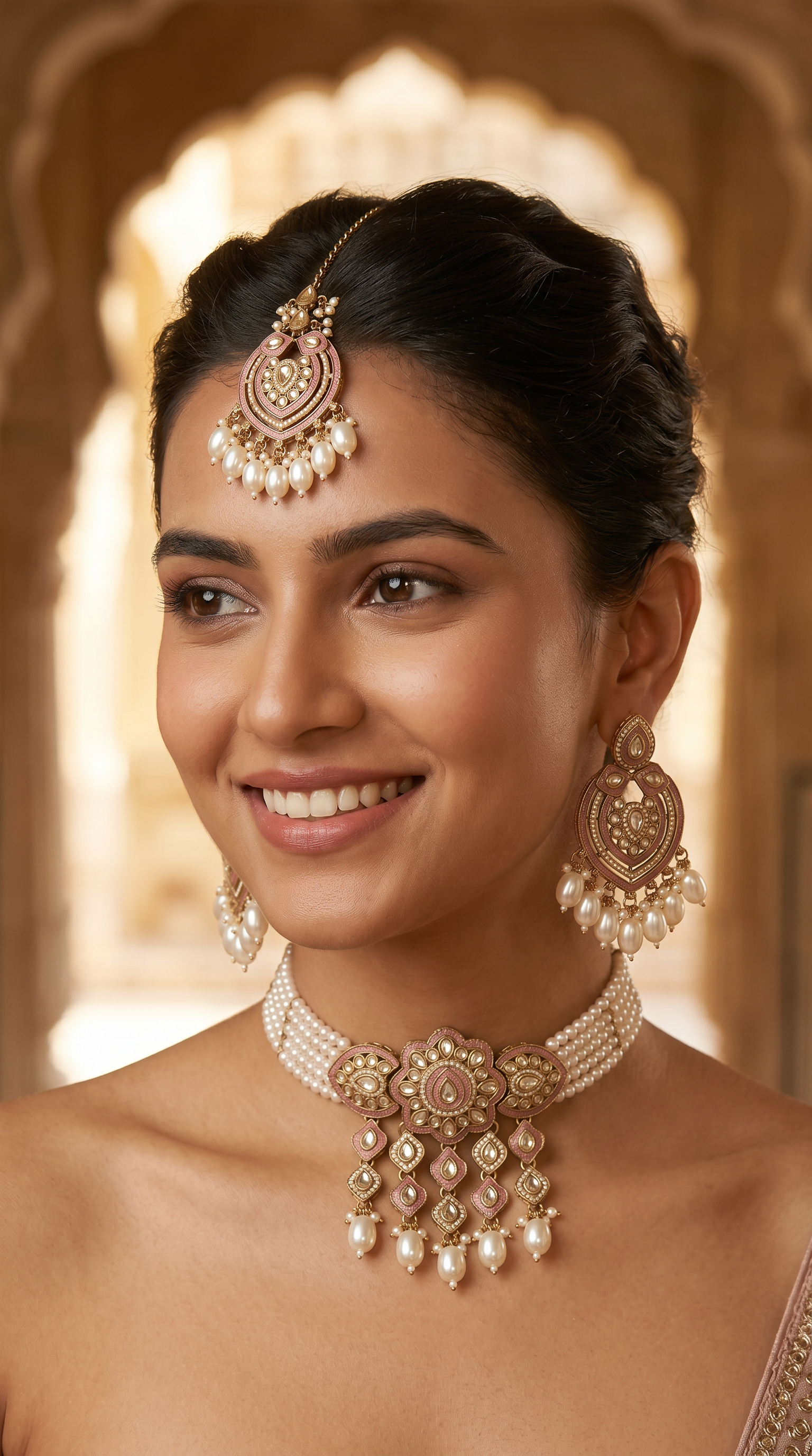 Pearl Encrusted Necklace Set with Jhumka Earrings & Maang Tikka