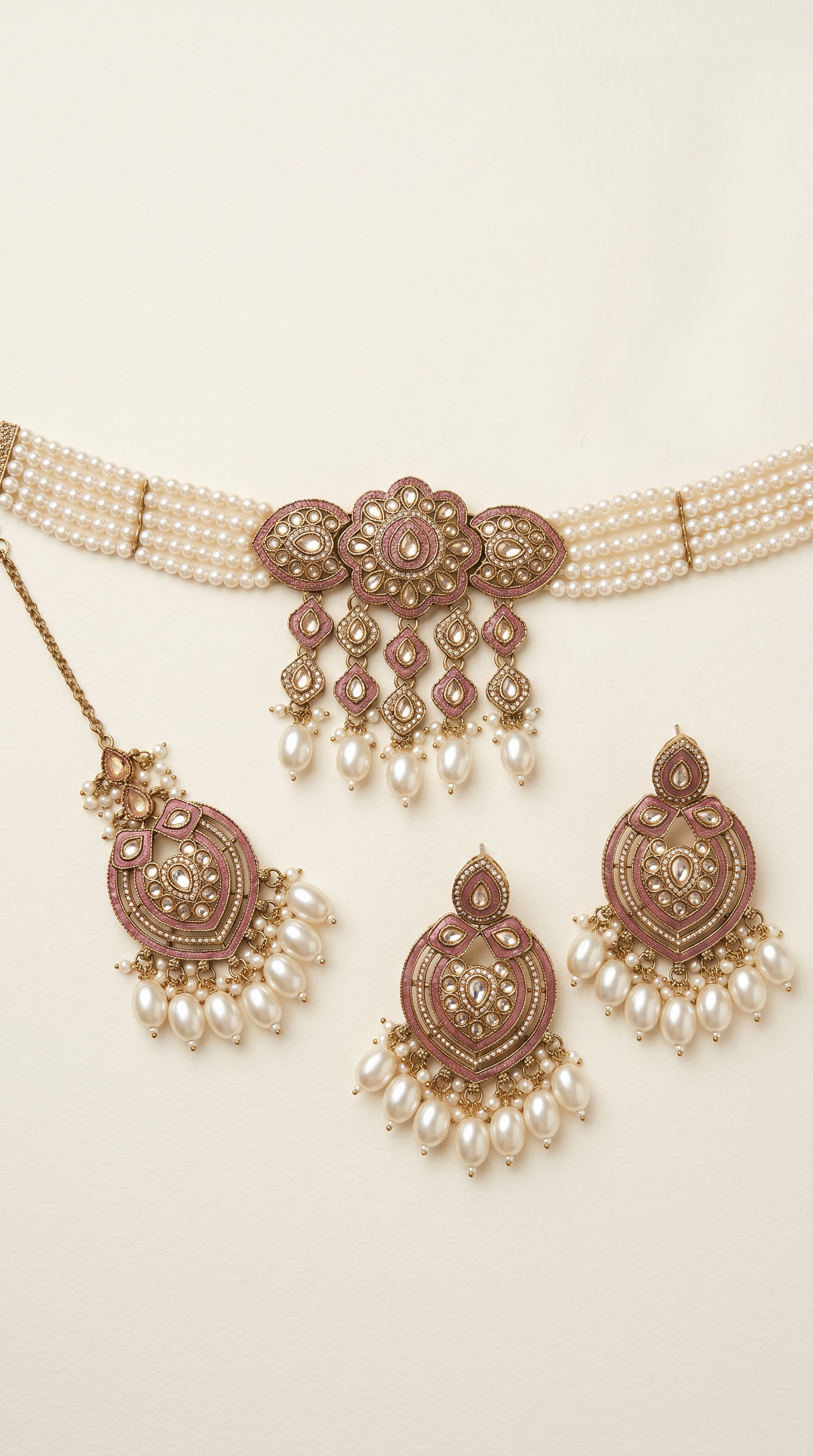 Pearl Encrusted Necklace Set with Jhumka Earrings & Maang Tikka