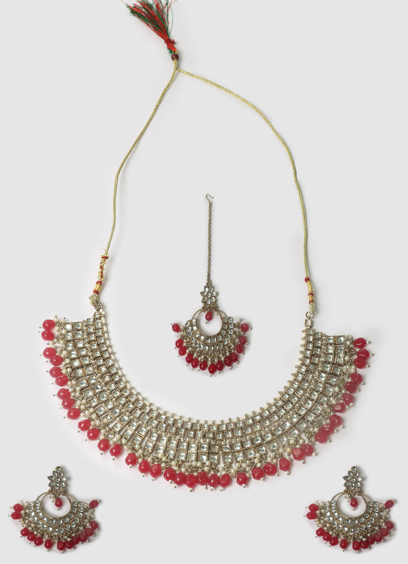 Womens Ruby Big Pearl Drops Embellished Jewellery Set