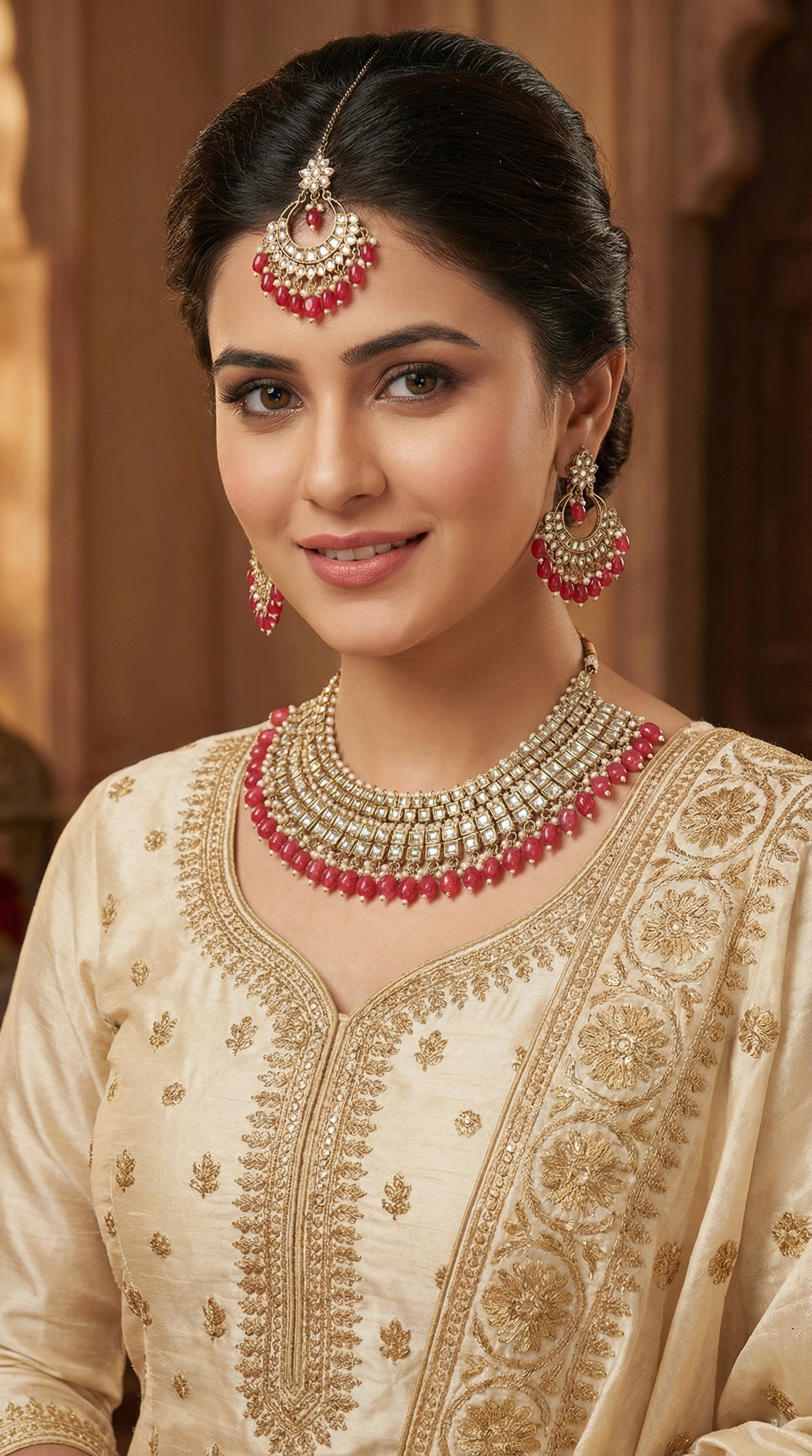 Woman's Kundan and Ruby beads Layered Jewellery Set