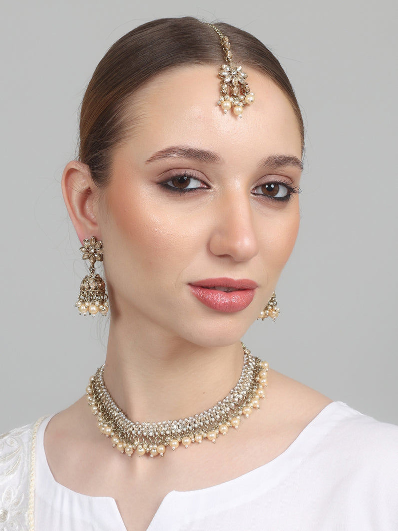 Womens Pearl White Drops & Antique Gold Jewellery Set