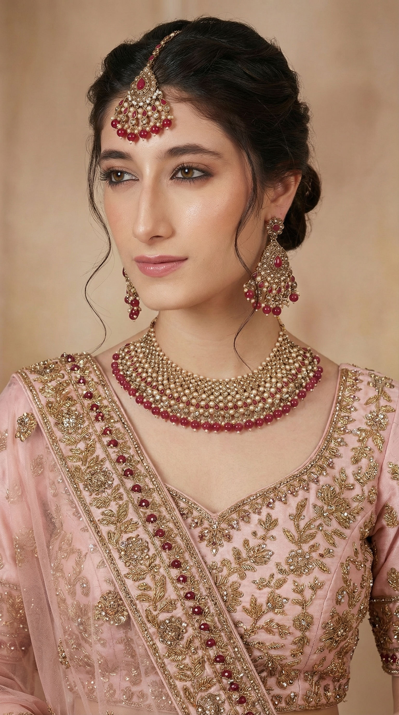 Women’s Antique Gold Maroon Pearl & Beaded Stone Necklace Set