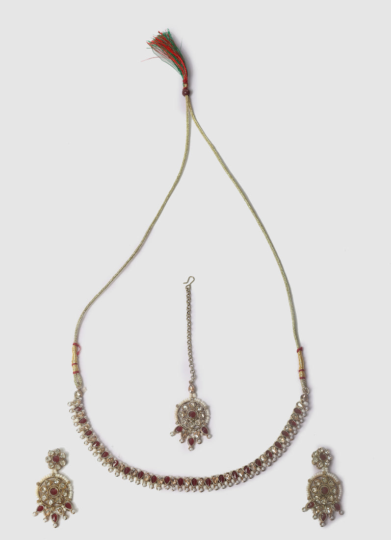 Womens Maroon Beads & Pearls Jewellery Set
