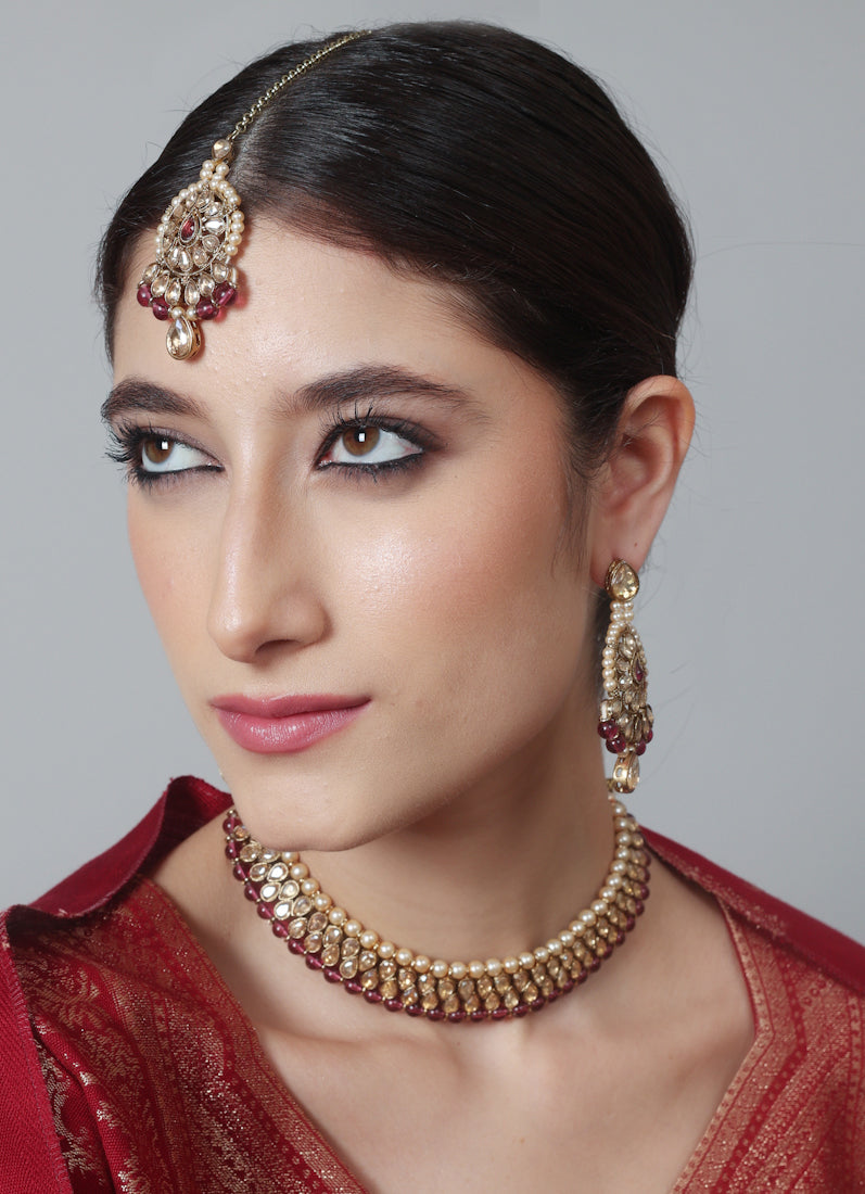 Womens Gold Pearl & Stonework Jewellery Set