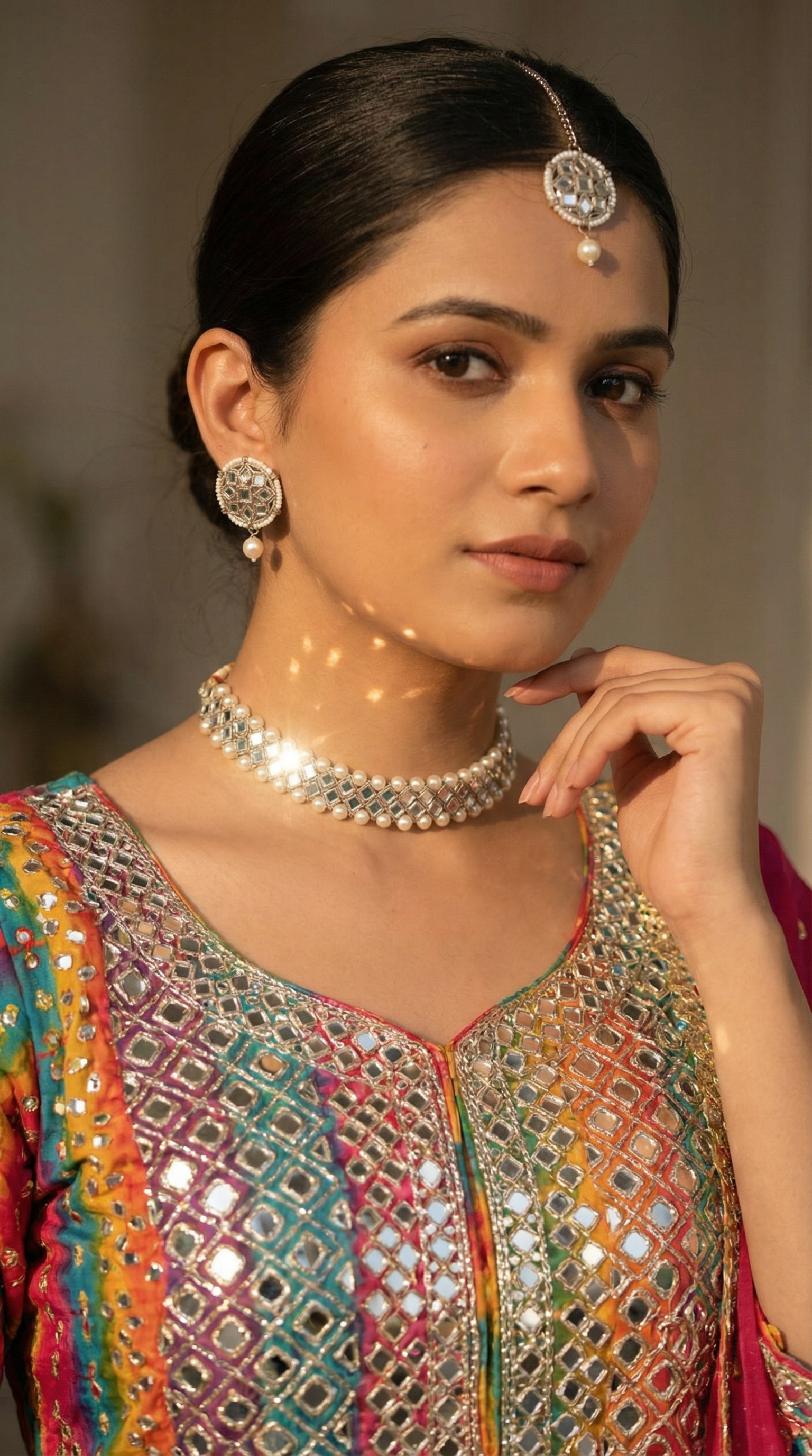 Women's Pearl & Gold Stonework Jewellery Set