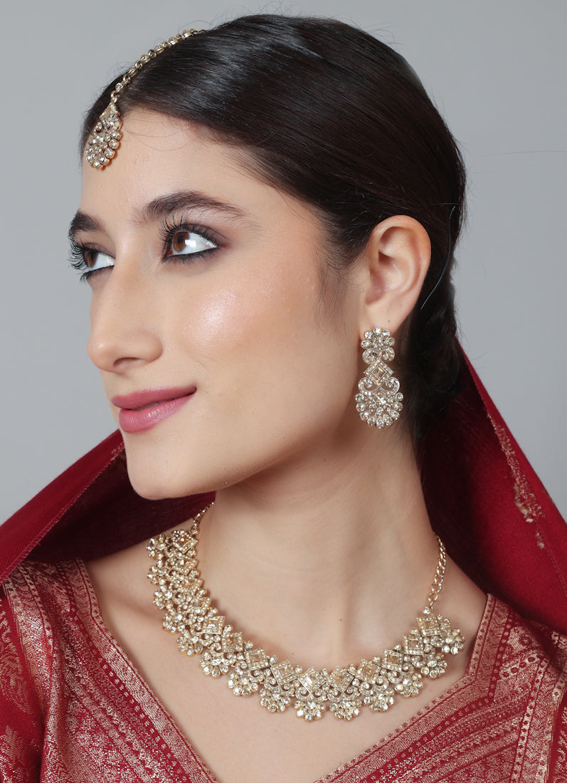 Womens Gold Stonework Floral Design Jewellery Set