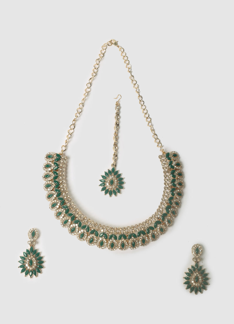 Womens Green & Antique Gold Stones Jewellery Set