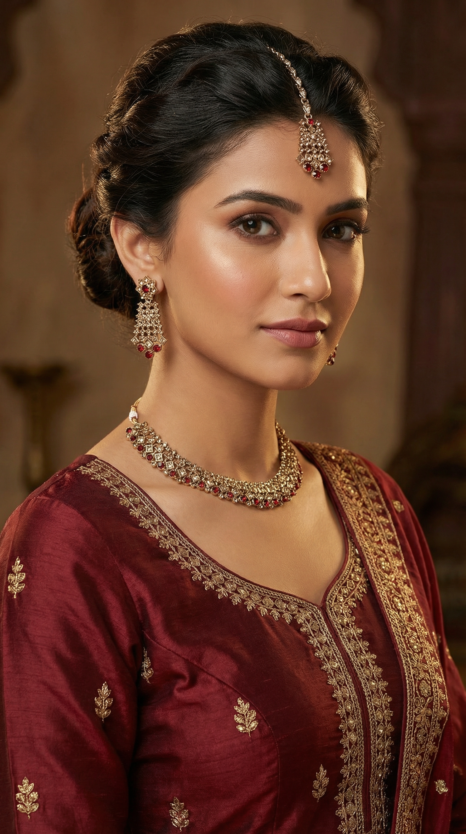 Antique Gold Necklace Set with Gold & Maroon Diamante Stones