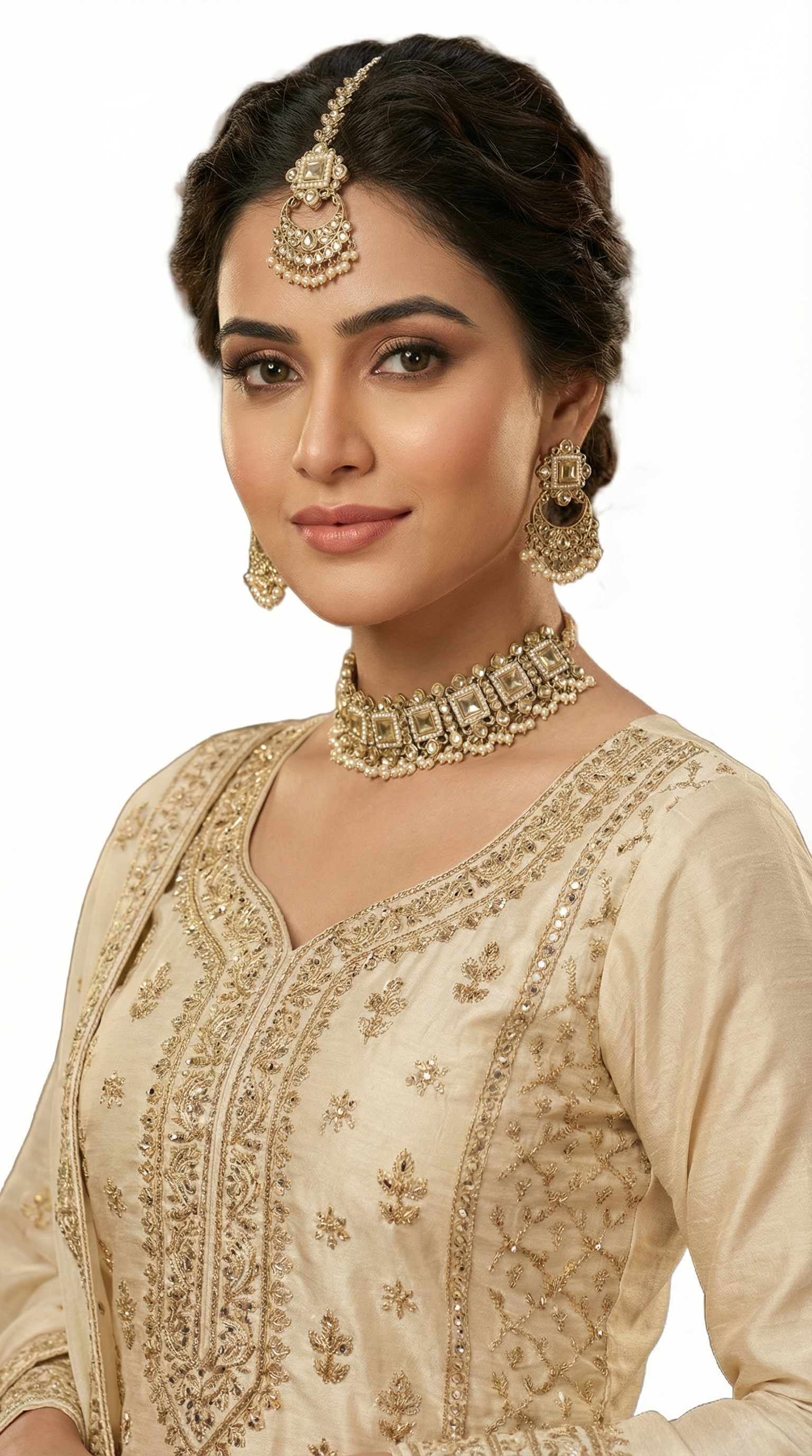 Antique Gold Pearl & Topaz Stone Choker Necklace Set